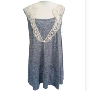 EUC FASHION BUG Linen-Blend Crocheted Collar Tunic-Length Side-Slit Tank Blouse